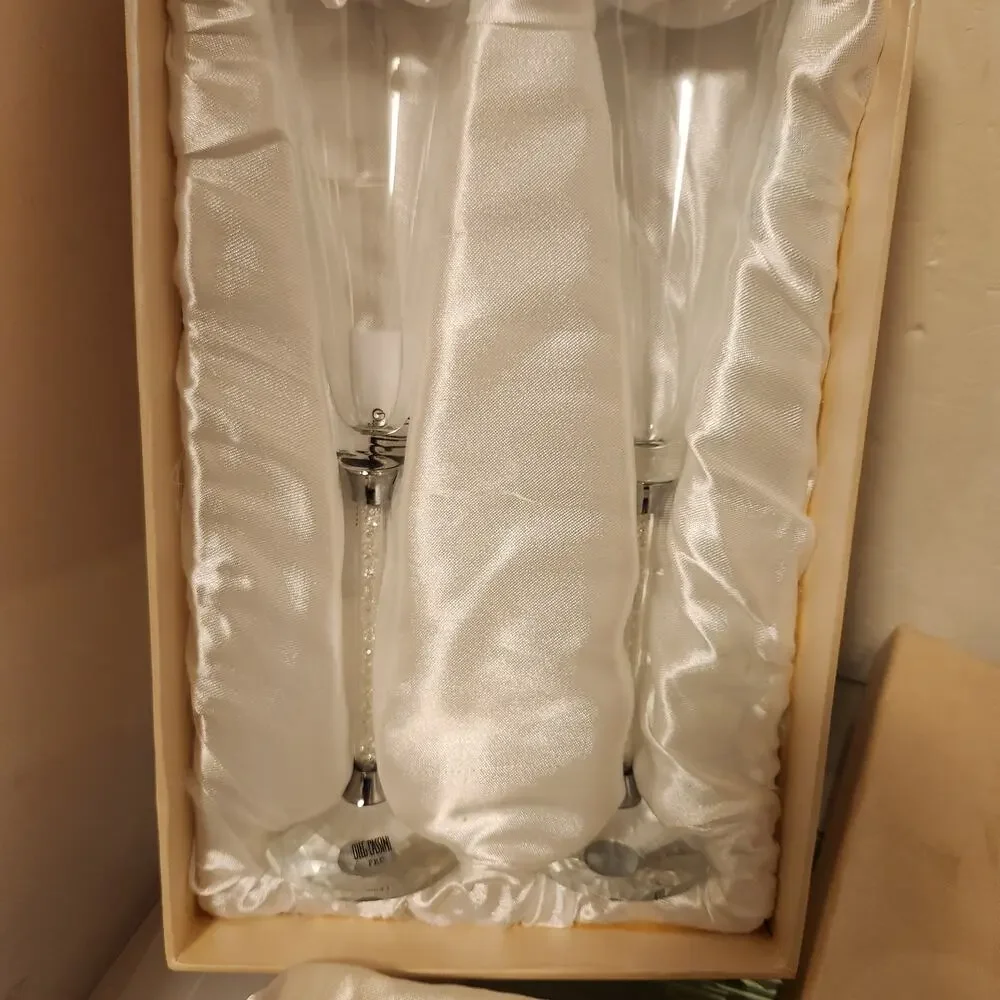 Vintage Oleg Cassini Pair Crystal Diamond Toasting Flutes, New in Box